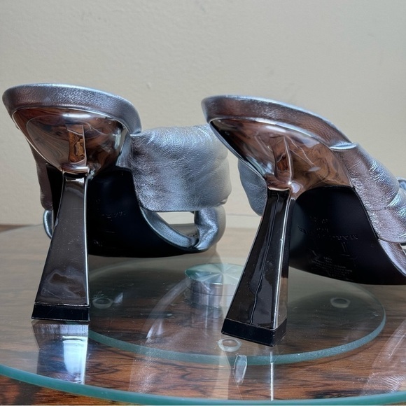 MARC FISHER Silver Knot Dellian Square Toe Slip On Leather Heeled Sandal - Picture 10 of 15